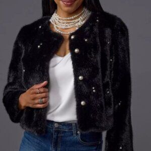 Boston Proper Pearl Embellished Faux Fur Collarless Chubby NWOT